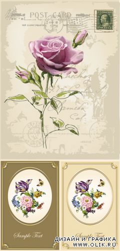 Vintage Postcards with Flowers Vector