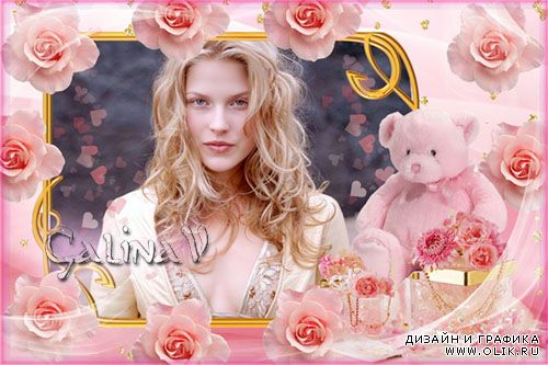 Рамка для поздравлений - Плюшевый мишка в розовых розах