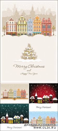 Christmas Cards with Houses Vector