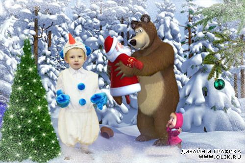 Детский фотошаблон  Маша и снеговик