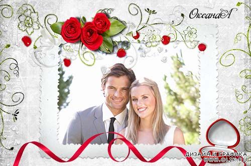 Свадебная фоторамка – Три красных розы и шкатулка с драгоценностями 