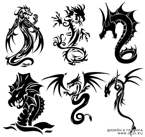 Силуэты татуировки драконов (Вектор)