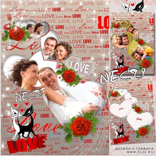 Романтическая рамка с красными розами и кошками - Время любви