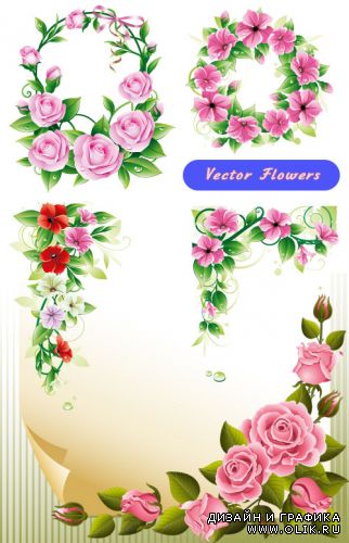 Цветочные венки уголки из роз и розовых цветов (Вектор)