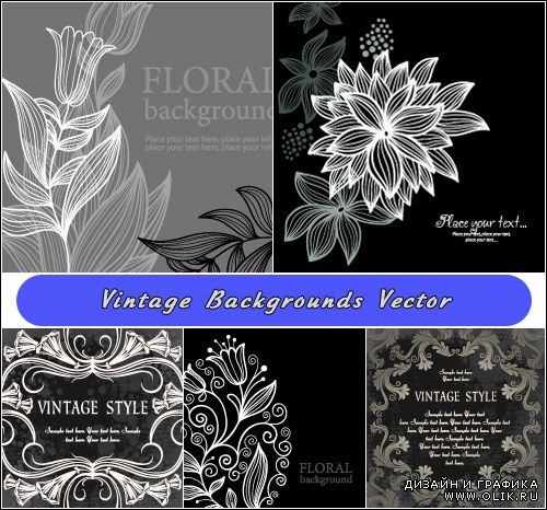 Черно-белые винтажные цветочные фоны и рамки (Вектор)