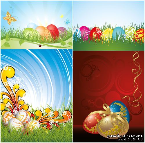 Цветные и золотые яйца с бантиком на траве (Вектор)