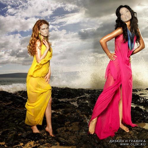 2 женских шаблона - в платье на берегу моря