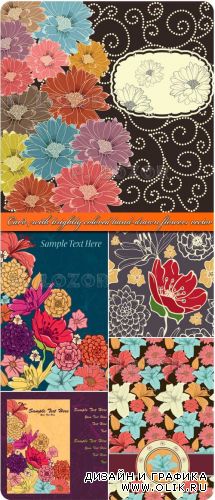 Открытки с нарисованными цветами | Card with brightly colored hand-drawn flowers vector