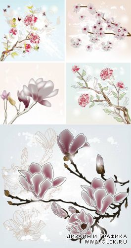Весенние цветение белых цветов на ветках дерева (Вектор)