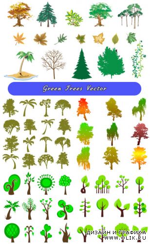 Зеленые деревья силуэты берез, пальмы (Вектор)