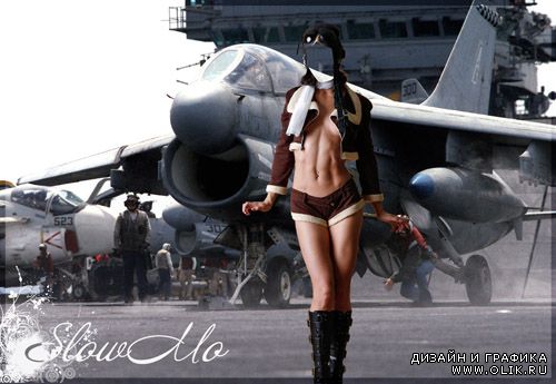 Женский шаблон для фотошоп - Девушка пилот на фоне самолета