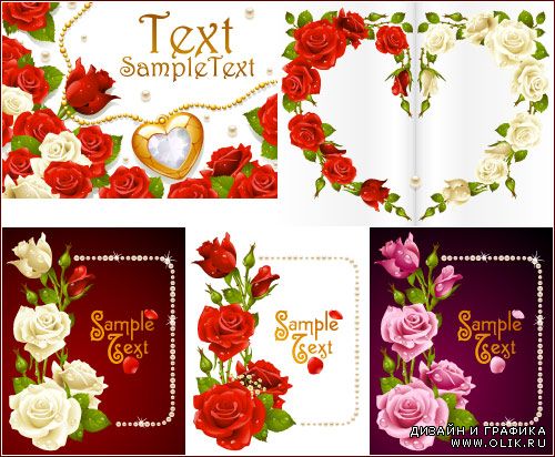 Почтовые открытки с сердечным венком и розой (Вектор)
