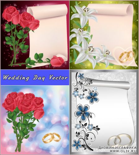 Свадебные свитки с лилиями розами и кольцами (Вектор)