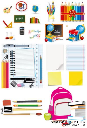 Цветные карандаши, учебники, тетради (Вектор)