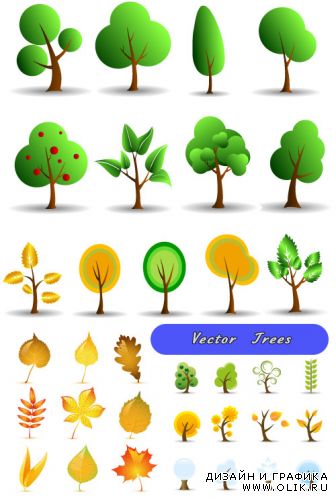 Летние зеленые и осенние желтые деревья (Вектор)
