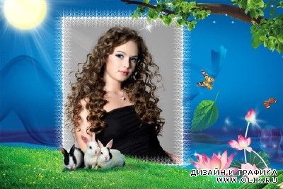 Женская рамка с кроликами на полянке