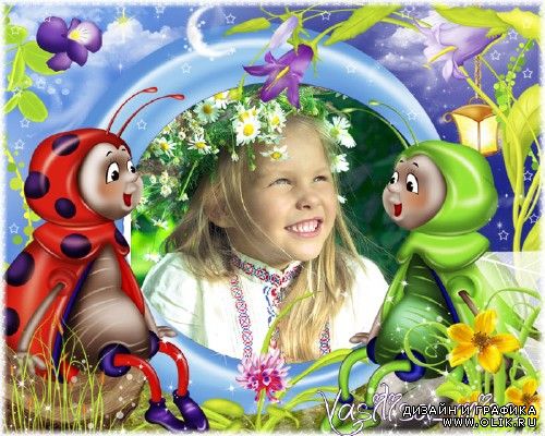 Красивая детская рамочка для фотошопа с забавными жучками на сказочной лесной полянке