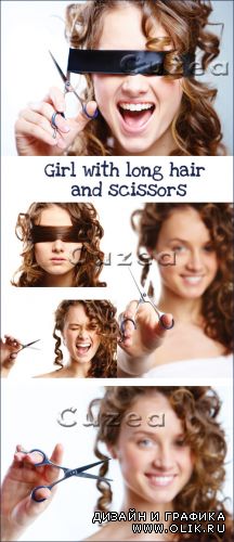 Девушка с длинными волосами и ножницами-растровый клипарт