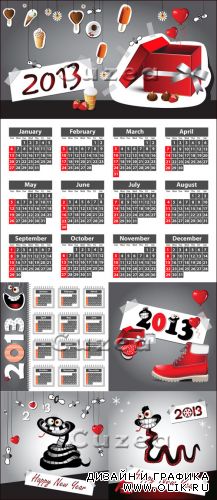 Календарь векторный в черно-бело-красном цвете на 2013 год