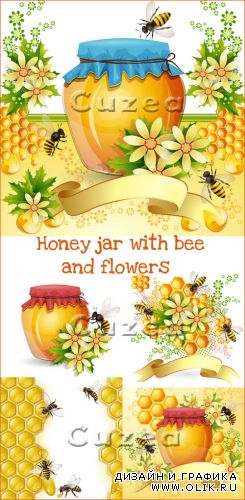 Мёд в горшочке с пчёлами и цветами - векторный клипарт