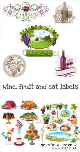 Наклейки пищевых продуктов, вина и фруктов в векторе
