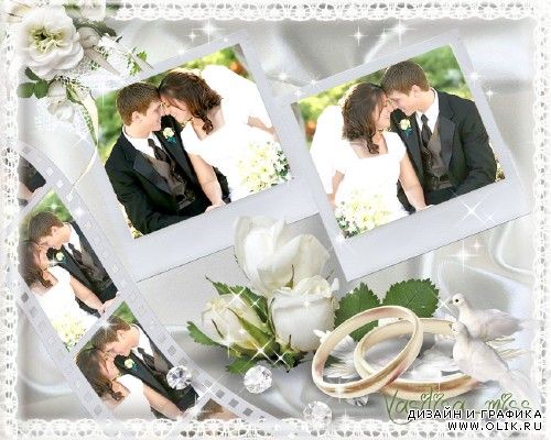 Свадебная рамочка для фотошопа с кадрами плёнки,обручальными кольцами и белыми голубями