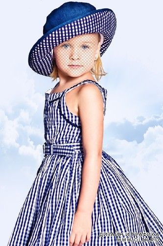 Шаблон для фотографий - Девочка в синем платье в клетку и шляпке