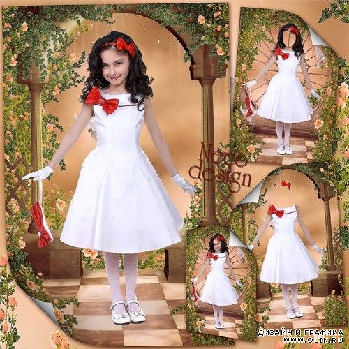 Шаблон для девочки с белым платьем с красной отделкой и красным бантом - Модница