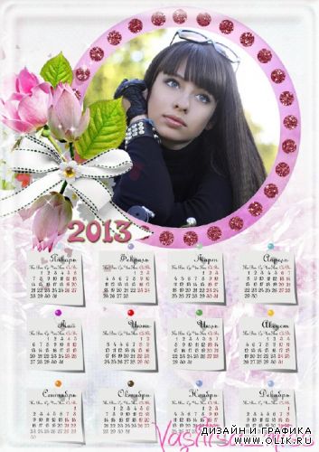Красивый и нежный календарь - рамка для фотошопа с нежной цветочной бутоньеркой