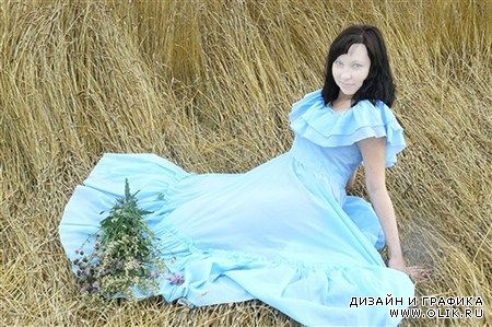 Шаблон (костюм) для фотошопа - Девушка на сене в красивом голубом платье