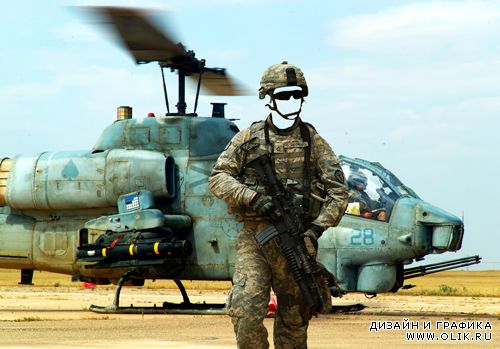 Шаблон для фотошопа – Солдат с автоматом возле вертолета