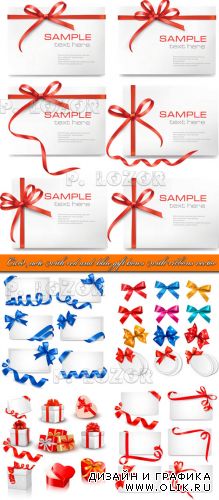 Карточки с красной и голубой лентой | Card note with red and blue gift bows with ribbons vector