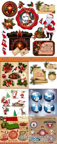 Наклейки и этикетки рождество и новый год | Stickers and labels Santa Christmas retro style vector