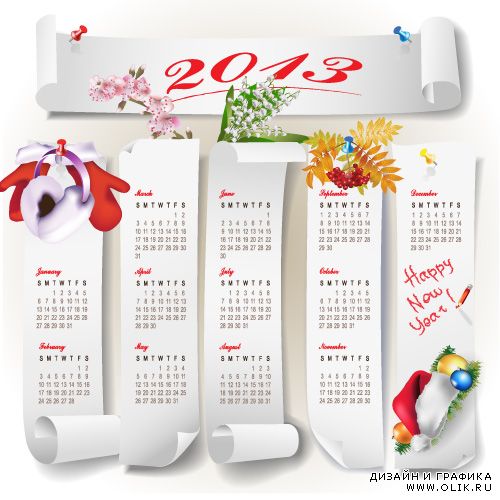 Календарь 2013 с шапками и варежками (Вектор)