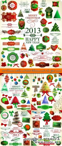2013 Баннеры наклейки этикетки новогодние и рождественские элементы дизайна | 2013 Banners stickers and labels Christmas and New Year vector 