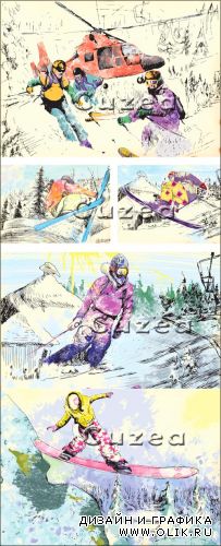 Skiers and snowboarders in a vector