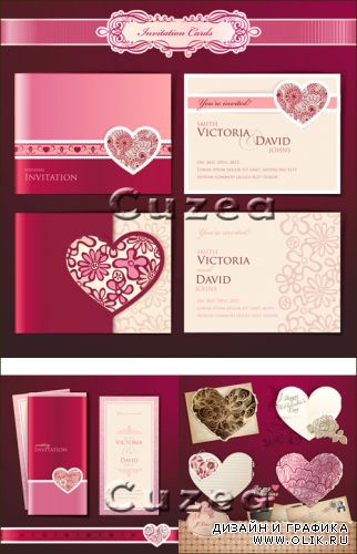 Пригласительные карточки с винтажными элементами ко дню Валентина в векторе