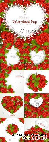 Красные розы и сердца ко дню Валентина в векторе