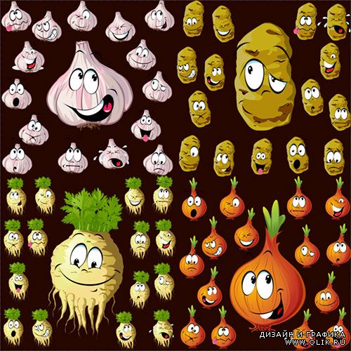 Клипарт - Овощи чеснок лук редька картофель с выражениями эмоций прозрачный фон