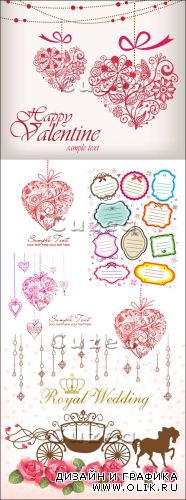 Цветочные сердца, стикеры, розы и свадебная карета для оформления открыток  к праздникам в векторе