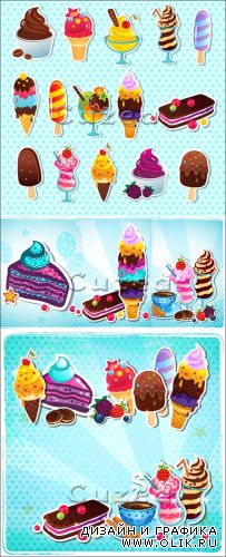 Векторный клипарт различных сортов мороженного, десертов  и сладостей