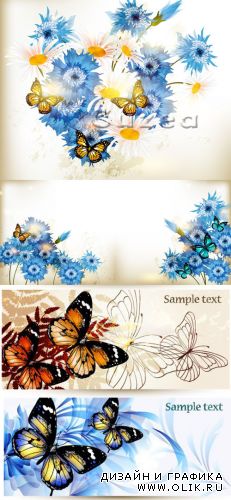 Нежные фоны с ромашками, васильками и бабочками в векторе/ Gentle backgrounds with camomiles, cornflowers and butterflies in a vector