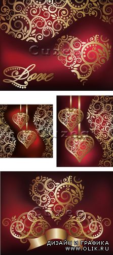 Винтажные золотые сердца и орнамент в векторе/ Vintage hearts of gold and ornament in a vector