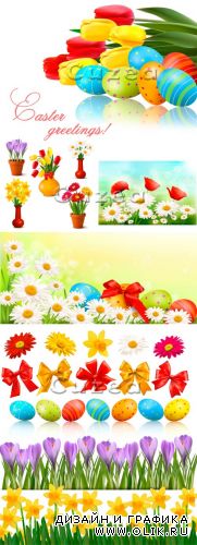 Клипарт к пасхальным праздникам/ Big Easter set with eggs, flowers, bows and ribbons Vector