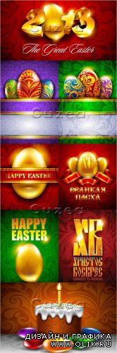 Поздравительные открытки к пасхе с золотыми яйцами/ Happy easter greetings card with golden egg  in vector