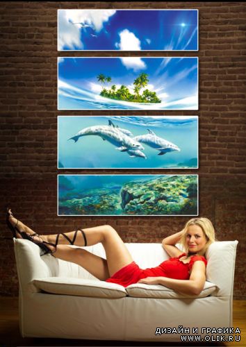Модульная картина, Полиптих - Море, Дельфины, Тропический рай