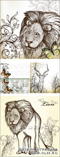 Винтажные фоны с животными/ Vintage background with hand drawn animals and butterfly in vector