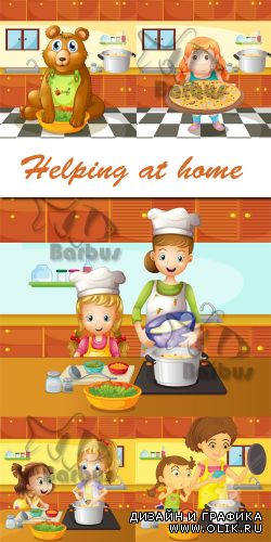 Helping at home / Помощь по дому - Vector illustration