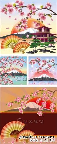 Цветущая сакура на фоне вулкана/ Blossoming Oriental sacura against a volcano
