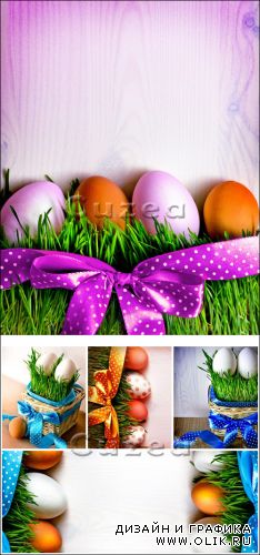 Пасхальные яйца на деревянном фоне с лентами/ Easter eggs with ribbons on wood  background